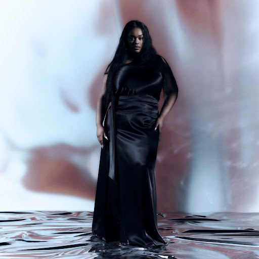 Woman with long dark hair poses in a satin dress with a sash against a dreamy background and a silver reflective floor. 