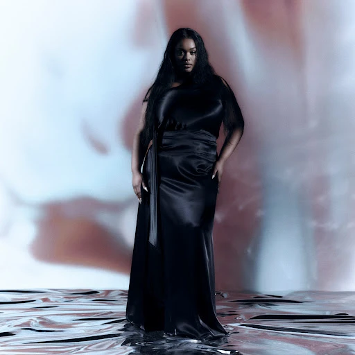 Woman with long dark hair poses in a satin dress with a sash against a dreamy background and a silver reflective floor. 