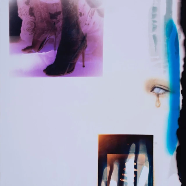 Artistic collage featuring high-heeled shoes, a crying eye, and abstract shapes against a soft white background with purple and blue accents.