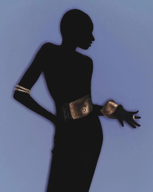 Silhouette of a Black woman in a fitted dress, accessorized with gold jewelry, a wide belt, and cuffs, posing against a light blue background.