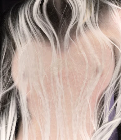 Close-up back view of a person with long platinum blonde wet hair flowing down bare skin.