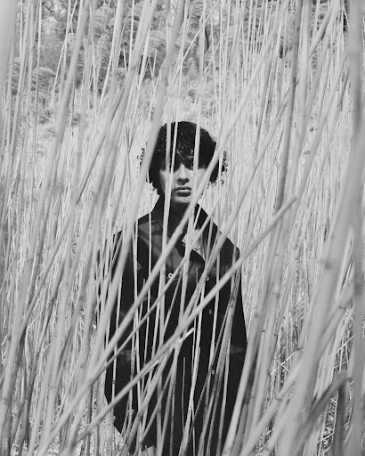 Monochrome portrait of a person standing amidst tall reeds, creating a textured and obscured view in a natural outdoor setting.