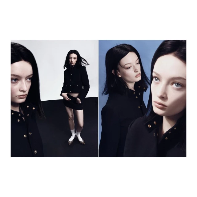 A young woman in a black jacket and skirt is featured in a diptych fashion shot against white and blue backdrops.