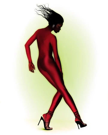Model in a bright red full-body catsuit and black high heels with windswept dark hair against a glowing white and pale green background.