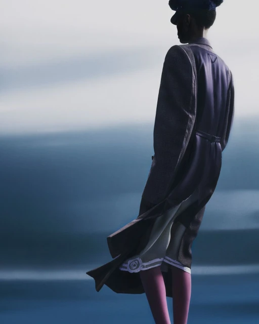 Woman in a dark coat and cap stands against a blue and white blurred background, creating a fashion or editorial image.