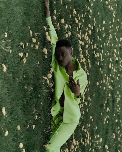 An adult male laying in a field of white and yellow flowers, dressed in a lime-green pantsuit and open dress shirt.