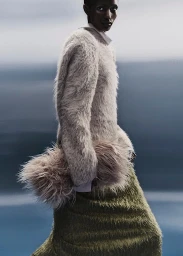 Model wearing a textured cream furry sweater and olive green skirt against an out-of-focus background.