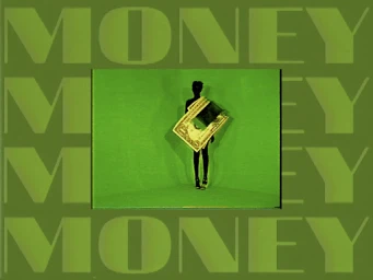 Silhouette of a person holding a large dollar bill framed against a green background with repeating money text
