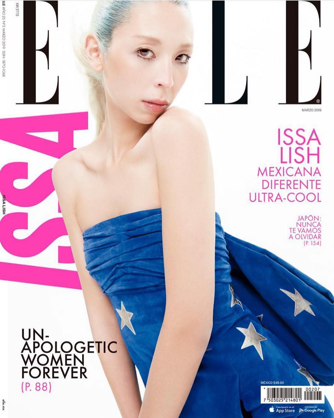 Magazine cover featuring Issa Lish with blue dress and silver stars, set against a white background with the "ELLE" logo.