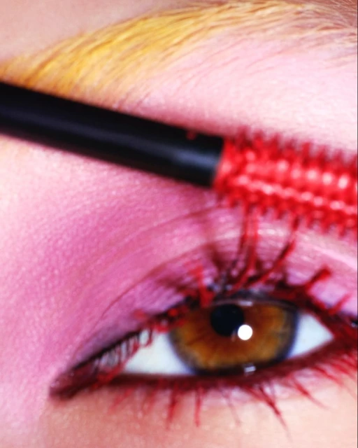 Close-up of an adult female's eye with red mascara being applied, showcasing beauty and cosmetic makeup application, blonde hair visible.