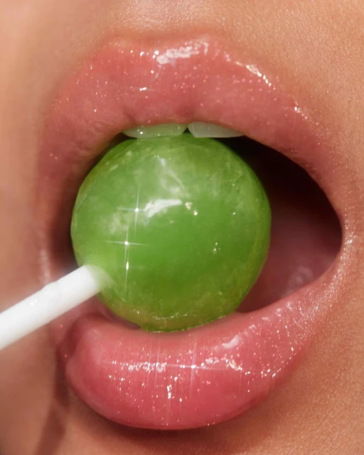 Close-up shot of a woman's glossy lips and teeth biting down on a green lollipop with a white stick, showcasing a vibrant beauty image.