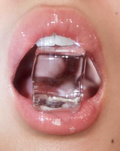 Macro image of a woman's mouth holding a clear ice cube between her teeth, with glossy lips and visible skin texture.