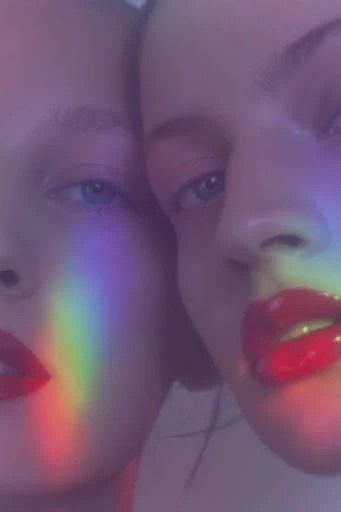 Close-up portrait of two young women with bright red lipstick and rainbow light on their faces, showcasing beauty and makeup in soft focus.