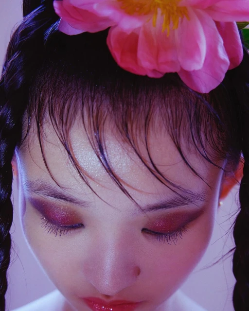 Close-up studio shot of a stylish female face with artistic eye makeup, pink lip gloss, and a large pink flower adorning her hair.