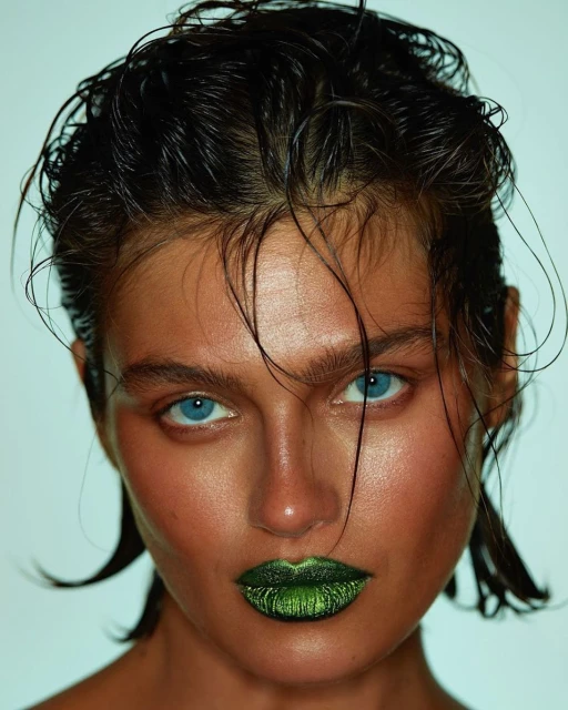 Close-up beauty shot of a young adult woman with wet dark hair, bright blue eyes, tan skin, and green glossy lipstick against a teal backdrop.