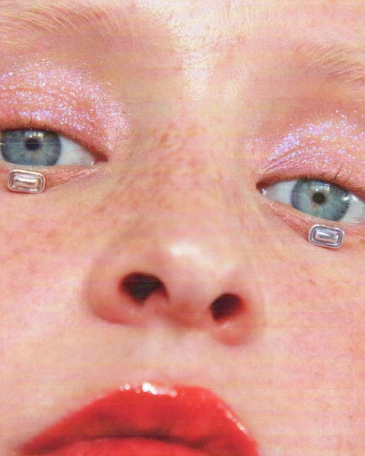 Close-up portrait of a fair-skinned woman with glossy red lips, glittery pink eyeshadow, and small silver rectangles under her eyes.