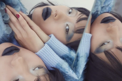 Portrait of a woman with black lipstick reflected in a mirror, wearing a light blue sweater with beaded embellishments, fashion beauty shot.