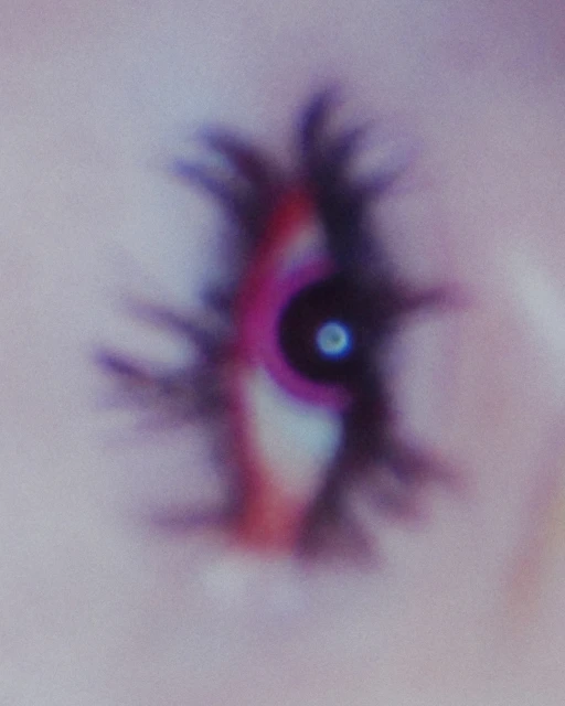 Abstract, blurry image of a stylized eye with black lashes and a pink iris, set against a light purple background with visible grain.
