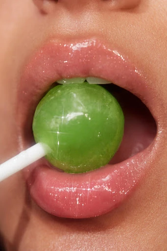 Close-up of a person with pink lipstick holding a vibrant green lollipop in their mouth, illuminated by a bright and shiny light.