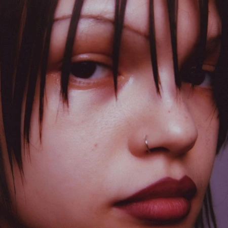Close-up portrait of a young woman with dark wet hair, thin eyebrows, a nose ring, and dark lipstick.