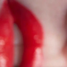 Extreme macro close-up of glossy bright red lips with a soft-focus background by photographer Anairam.
