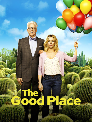 Promotional image for 'The Good Place' TV show featuring Ted Danson and Kristen Bell with colorful balloons in an outdoor setting.