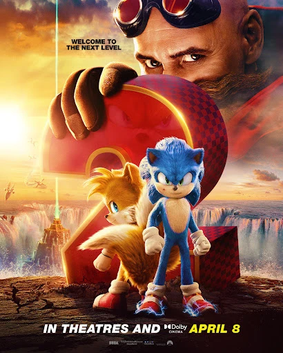 Sonic the Hedgehog 2 movie poster featuring Sonic, Tails, and Dr. Robotnik with action-filled backdrop and April 8 release date.