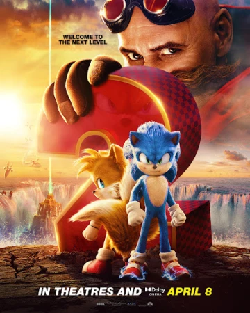 Sonic the Hedgehog 2 movie poster featuring Sonic, Tails, and Dr. Robotnik with action-filled backdrop and April 8 release date.
