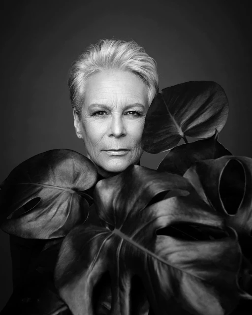 Monochrome portrait of Jamie Lee Curtis posing with Monstera leaves, looking directly at the camera, medium shot in a photo studio.