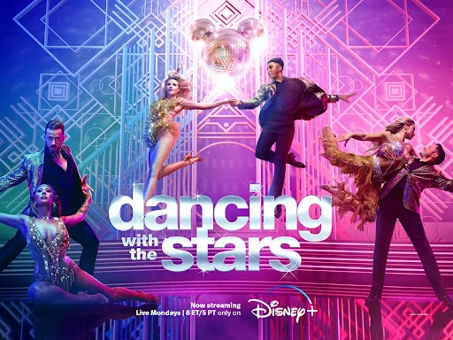 Promotional poster for Dancing with the Stars featuring six people in costumes dancing in front of a geometric background with disco balls.