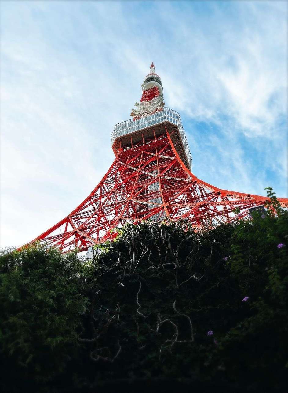Wide low-angle view of the Tokyo Tower, a red and white lattice landmark, framed by dark green trees against a partly cloudy sky.