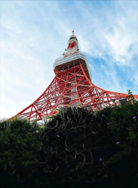Wide low-angle view of the Tokyo Tower, a red and white lattice landmark, framed by dark green trees against a partly cloudy sky.