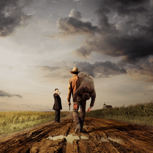 An artistic image featuring a man carrying another man over his shoulder on a dirt road, with another man pointing a gun nearby.