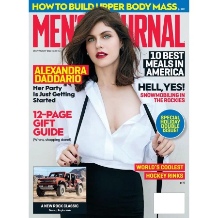 Magazine cover features Alexandra Daddario in a white shirt and black skirt, with article teasers and a car photo.