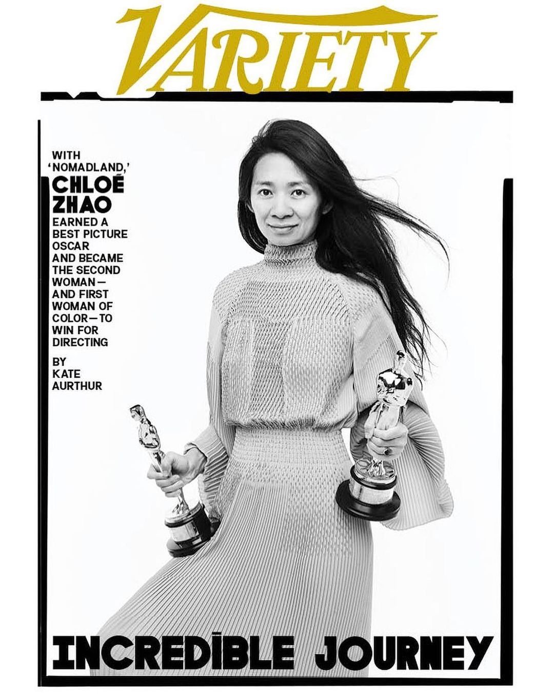 Variety cover featuring Chloe Zhao, an adult woman, holding two Oscar awards, with text overlay and a light gray, patterned dress.