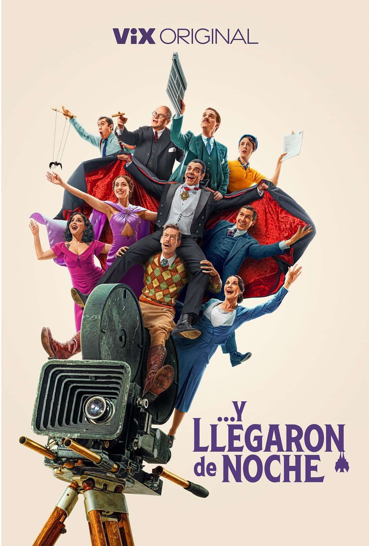 Movie poster for ViX Original film featuring a group of actors and actresses, vintage camera, and text that reads: '...Y Llegaron de Noche.'