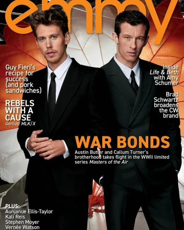 Magazine cover featuring Austin Butler and Callum Turner in dark suits, promoting 'Masters of the Air,' against a parachute background.