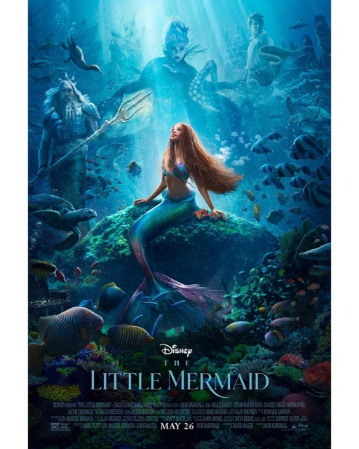 Movie poster for The Little Mermaid featuring a mermaid sitting on a rock with fish, sea turtles, and other sea creatures.
