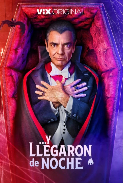 A man dressed as a vampire emerges from a coffin in a promotional movie poster, casting a dark and mysterious shadow.