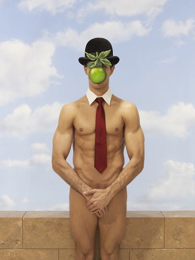 Surreal image of a shirtless man wearing a bowler hat with an apple covering his face, posing in front of a cloudy sky and a low wall.