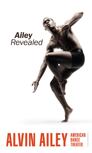 A shirtless man in black shorts poses in a dynamic dance movement. The background features 'Ailey Revealed' and 'Alvin Ailey American Dance Theater' text.