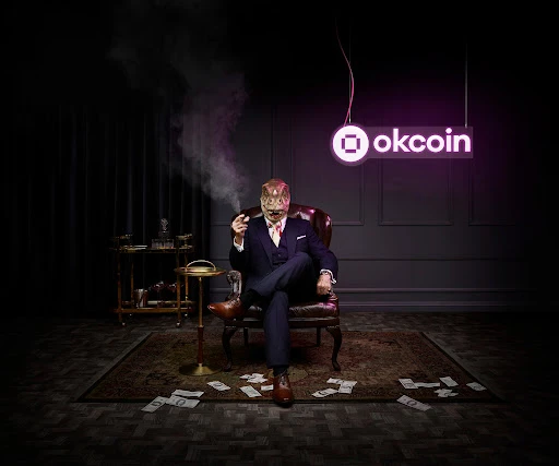 Person in a suit and reptilian mask sits in a leather chair with cigar, with stacks of cash and a neon okcoin sign visible.