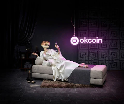 Lizard-headed woman in gown lounges with dog, holds wine glass in a moody interior with neon crypto-currency sign, and decorative wall.