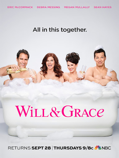 Publicity shot of Eric McCormack, Debra Messing, Megan Mullally, and Sean Hayes in a white bathtub with bubbles, for the TV show Will & Grace.