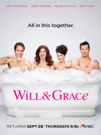 Publicity shot of Eric McCormack, Debra Messing, Megan Mullally, and Sean Hayes in a white bathtub with bubbles, for the TV show Will & Grace.