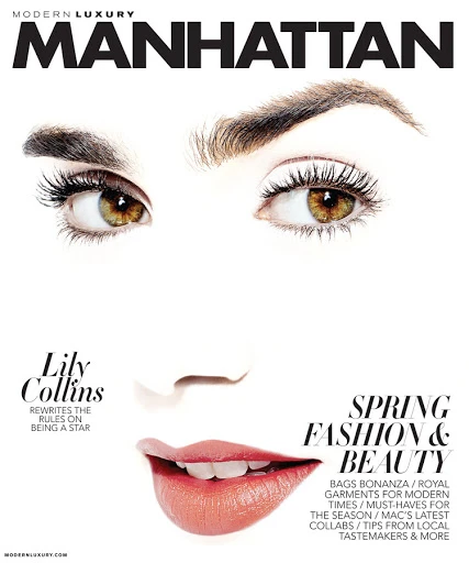 Magazine cover featuring a close-up of a model's face with focus on her eyes and lips, against a white background with text overlay.