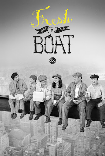 Black-and-white promotional image of the TV series Fresh Off the Boat, featuring seven actors in period attire sitting on a steel beam.