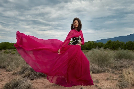 Woman in flowing fuchsia gown poses in arid landscape. Mountains in background beneath cloudy sky. Fashion shot, desert setting.