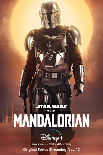 The Mandalorian character in full armor, striking a heroic pose against a warm-toned backdrop, promoting the Disney+ Star Wars series.