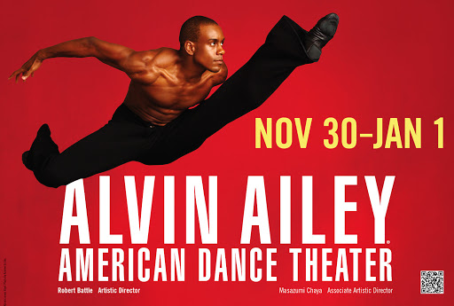 An athletic African American male dancer leaps across a red background promoting Alvin Ailey American Dance Theater's November 30-January 1 show.